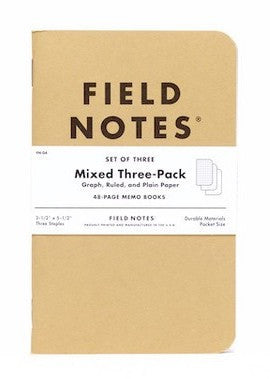 FIELD NOTES® Original - Natural Kraft Colour - Mixed 3 Pack (squared, ruled, plain) - Set of 3 Memo Books